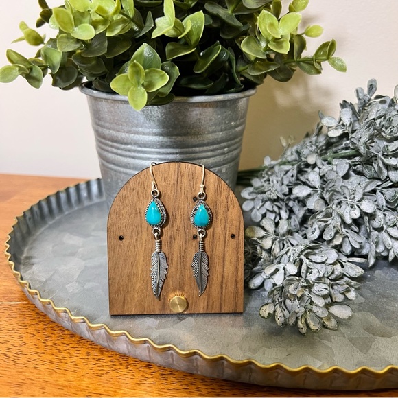 Turquoise & Sterling Feather Dangle Earrings | 925 Sterling Silver - Picture 2 of 9